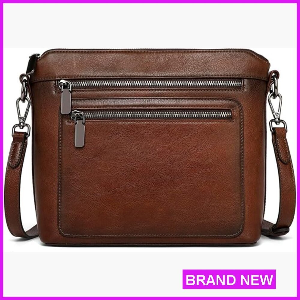 Genuine Leather Crossbody Satchel Bag with Multiple Pockets Adjustable Straps